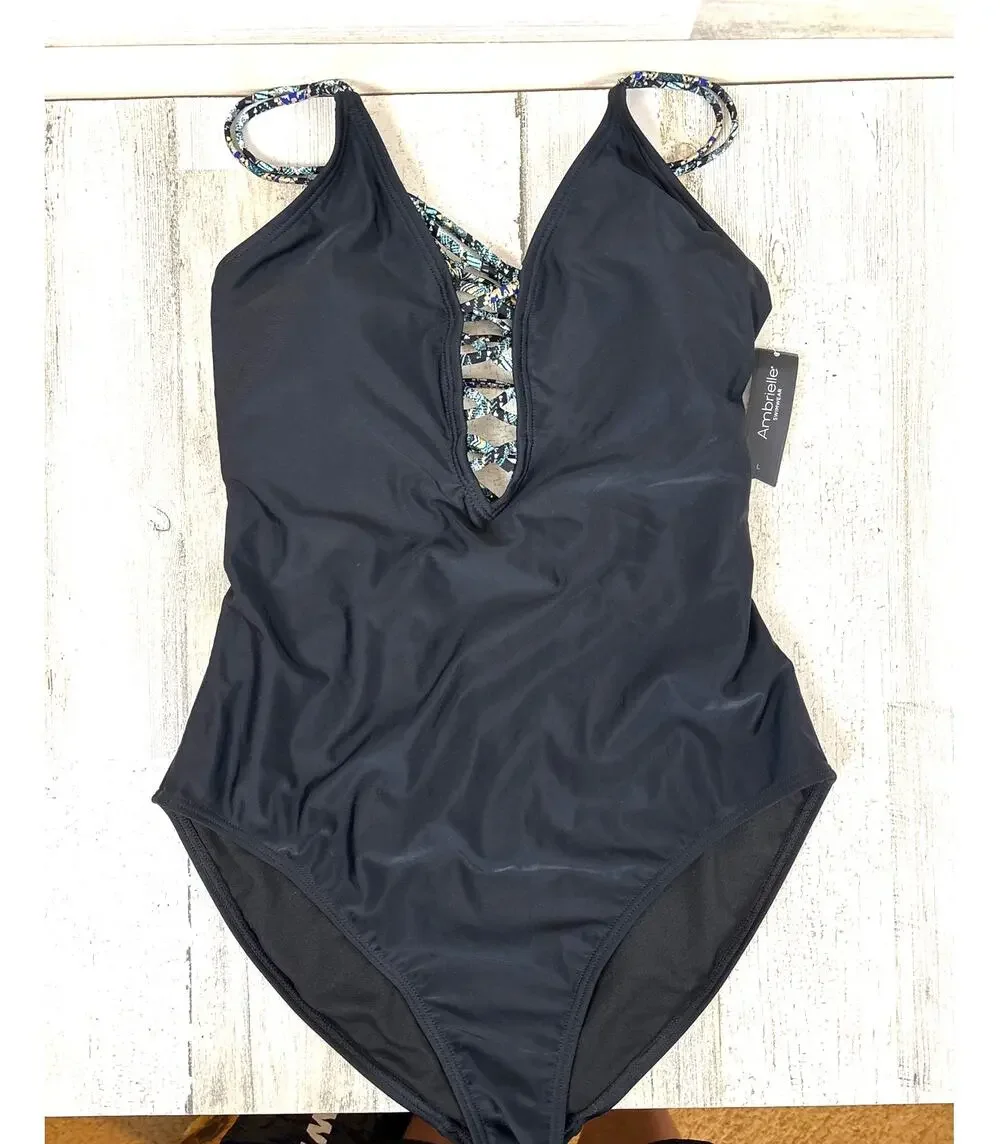 Ambrielle Womens L Black Multi Plunge Lattice One Piece Swimsuit NWT